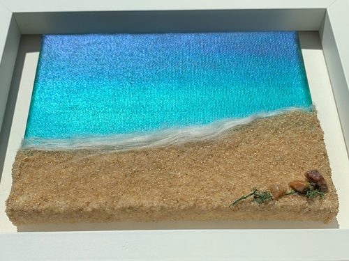 Amanda, Seascape, iridescent acrylics and sand.